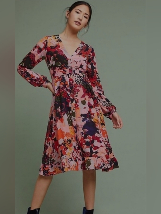 Mauve Dresses & Skirts - Anthroplogie Maeve Pink 100% Silk Printed Floral Midi Dress Size 00 (XS/S)